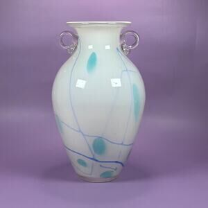 Vintage Hand Blown Art Glass Vase: White with Blue Lines, Clear Handles